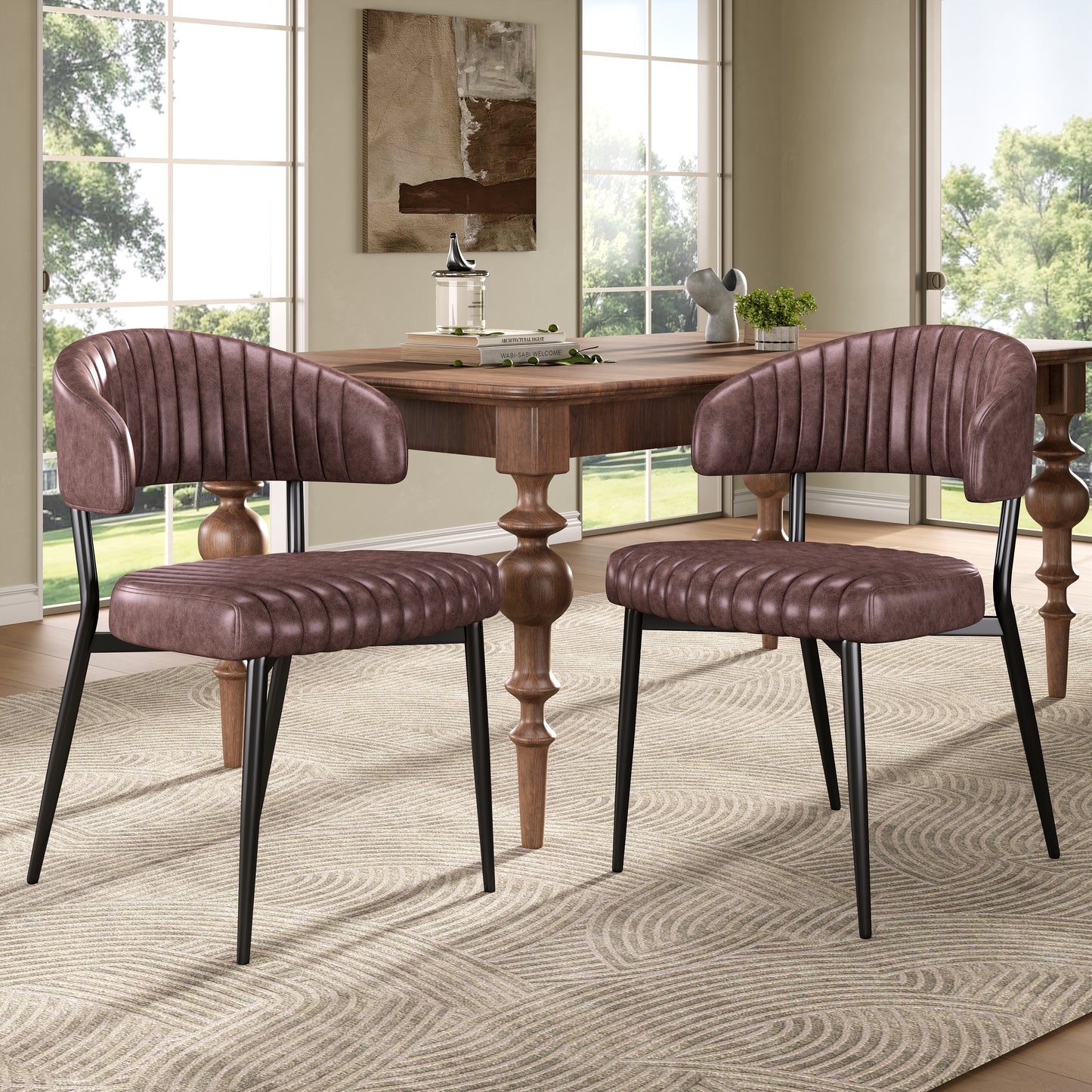 Cavia Dining Chairs – 2 Brown Faux Leather Curved Back Seats with Black Frame