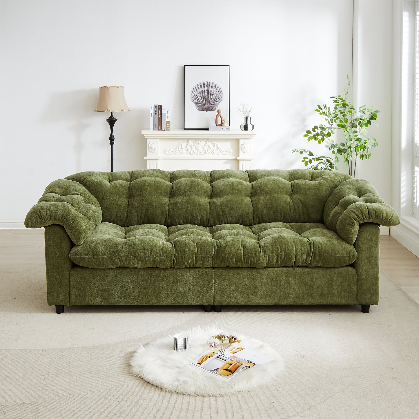 NestEdge ‘CloudNest” 99” Sofa – Green Chenille | Deep Seat + Fluffy Comfort