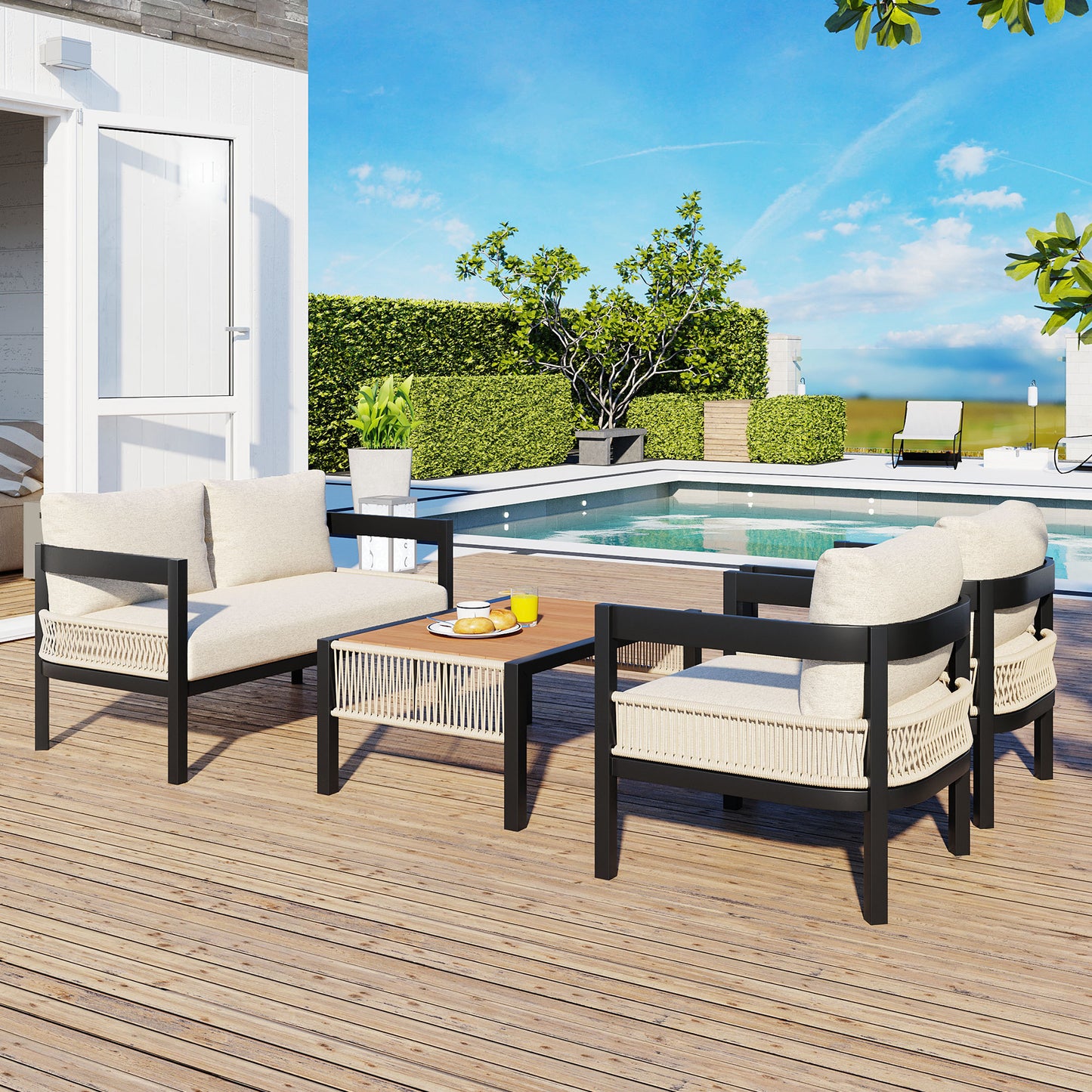 Vetra Iron Sofa Set – Multi-Seat Outdoor Lounge with Rattan Accents and Matching Table
