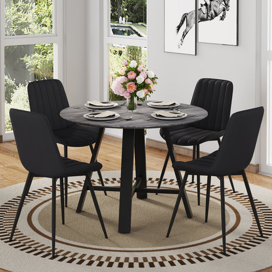 Kavira 5‑Piece Round Dining Set – Gray Wood Table with Black Cushion Chairs