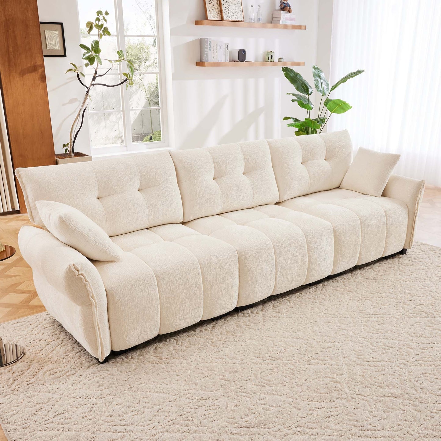 3-Seat Comfort Lounge – White Chenille Sofa Set with Dual Ottomans, Plush Pillows & Solid Wood Frame