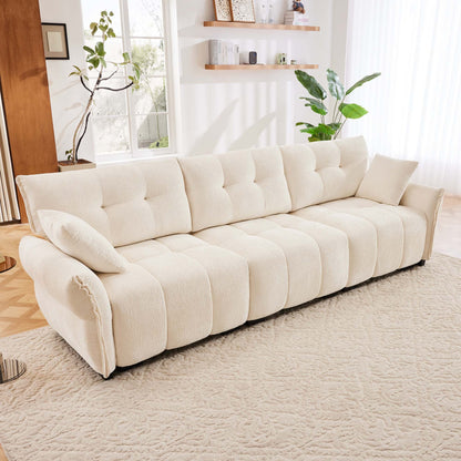 3-Seat Comfort Lounge – White Chenille Sofa Set with Dual Ottomans, Plush Pillows & Solid Wood Frame