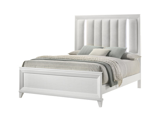 Kivora Queen Bed – White LED Upholstered Panel Frame with Cushioned Headboard