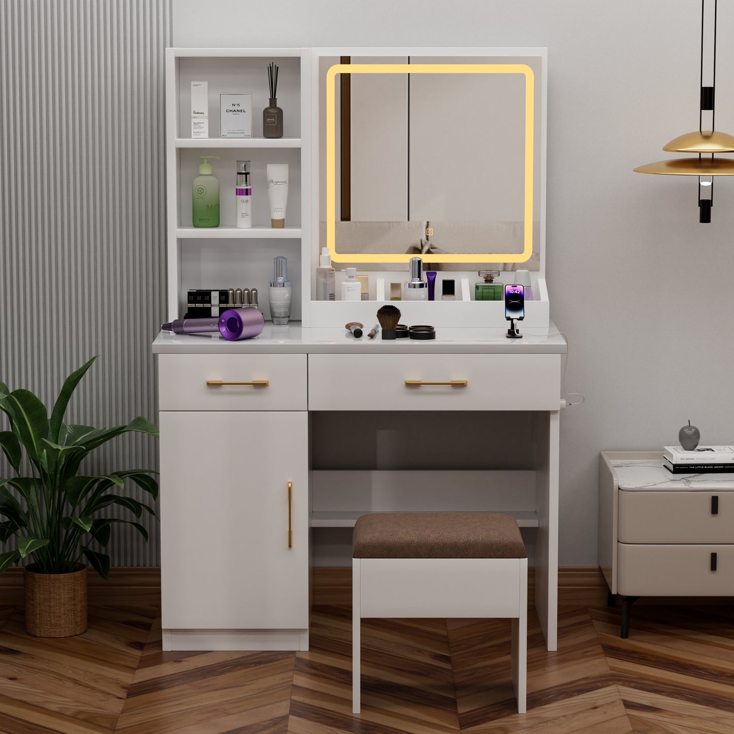 Stravelle Studio Glow – 32" Compact Vanity Desk with LED Mirror, Power Outlet & Stool