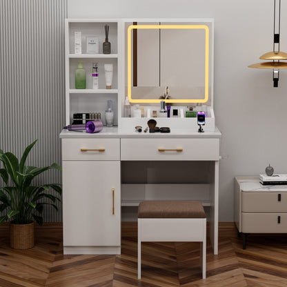 Stravelle Studio Glow – 32" Compact Vanity Desk with LED Mirror, Power Outlet & Stool