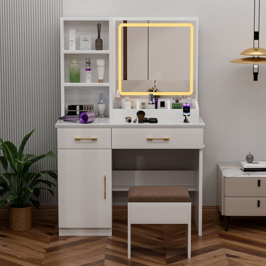 Stravelle Studio Glow – 32" Compact Vanity Desk with LED Mirror, Power Outlet & Stool