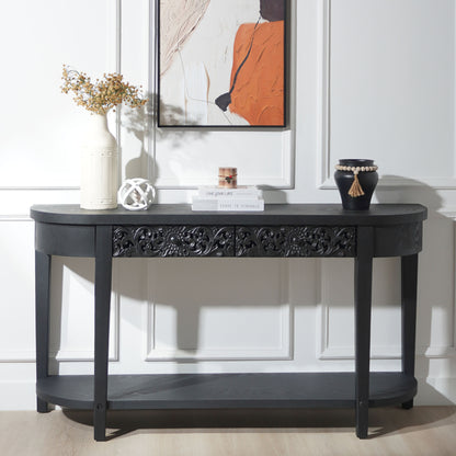 Vesaro Console Table – Carved Black Accent with Twin Drawers and Base Shelf