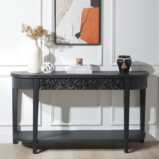 Vesaro Console Table – Carved Black Accent with Twin Drawers and Base Shelf