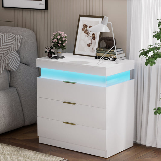 Vionix Charge Stand – White 28.8" Nightstand with LED, USB, Sliding Top & Drawers