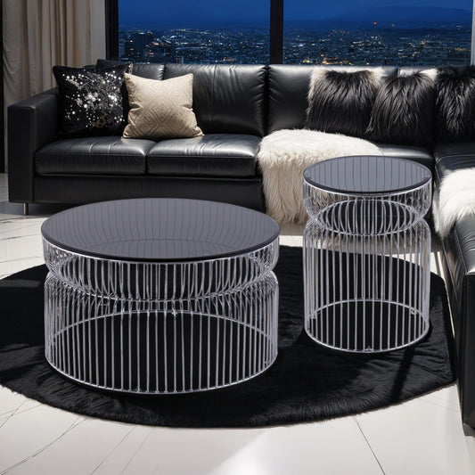 Glave Chrome Set – 30" Round Coffee Table & 21" End Table with SmokeGlass and Nested Metal Base