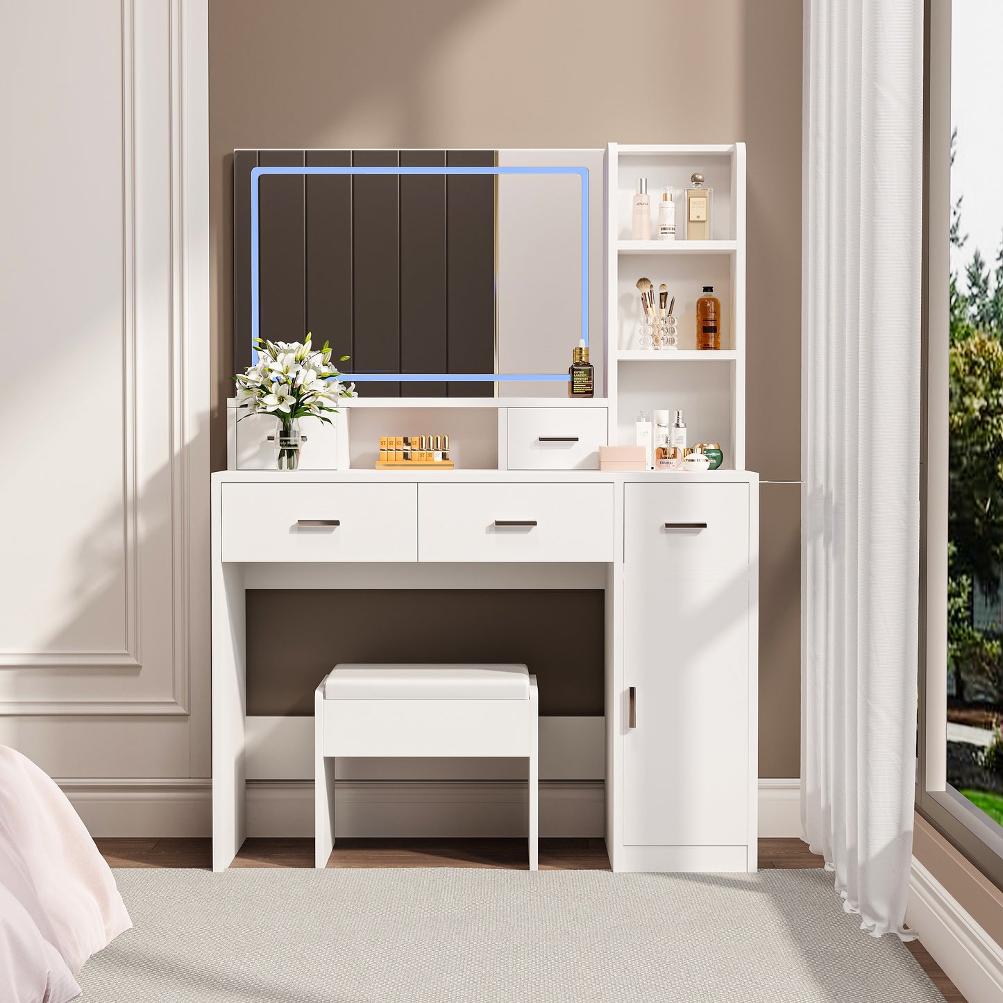 Glowera Pro Console – White LED Vanity with Mirror, Drawers, Outlet & Shelf Setup