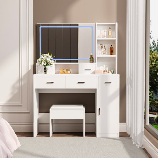 Glowera Pro Console – White LED Vanity with Mirror, Drawers, Outlet & Shelf Setup