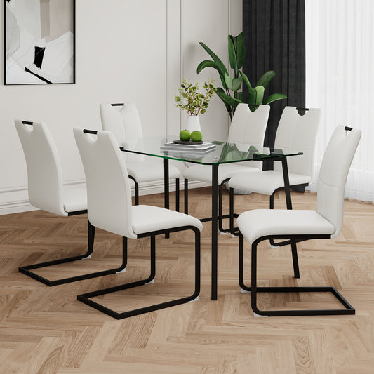 Avera 7-Piece Glass Dining Set – Clear Tabletop with White Chairs & Black Frame Legs, Modern Café Style