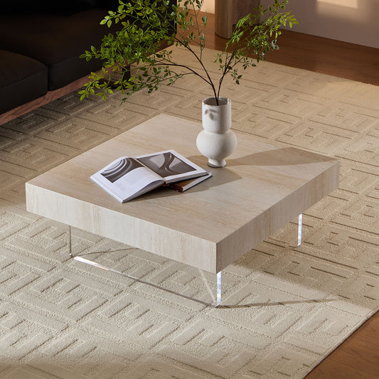 Travona Coffee Table – 34.65" Faux Travertine Finish with Acrylic Legs and Modern Design