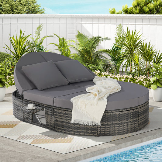 Solvara Round Wicker Daybed – Reclining Patio Sunbed with Adjustable Backrests & Foldable Cup Trays