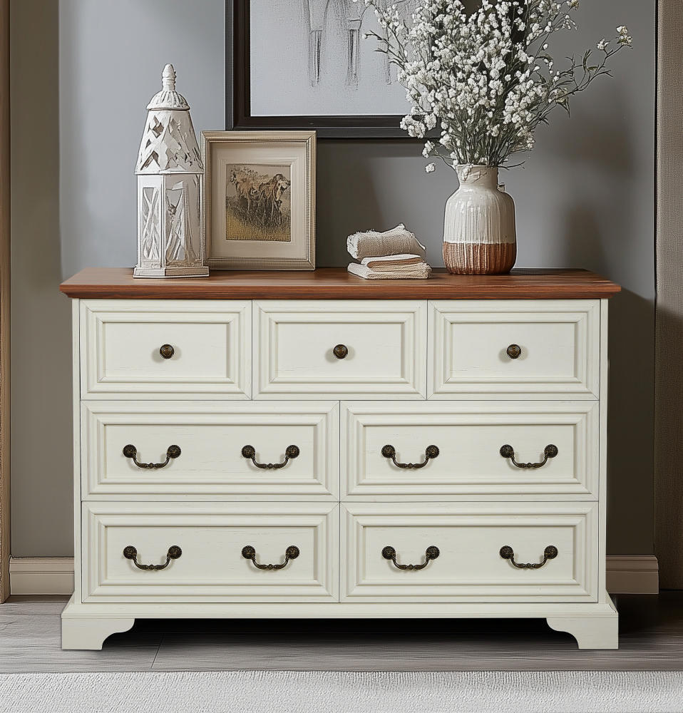 Elmbarn 7‑Drawer Rustic Dresser – Farmhouse Style, Textured Finish, Antique White Chest