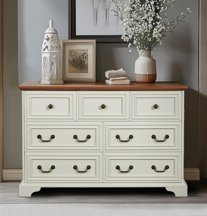 Elmbarn 7‑Drawer Rustic Dresser – Farmhouse Style, Textured Finish, Antique White Chest