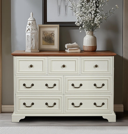 Elmbarn 7‑Drawer Rustic Dresser – Farmhouse Style, Textured Finish, Antique White Chest