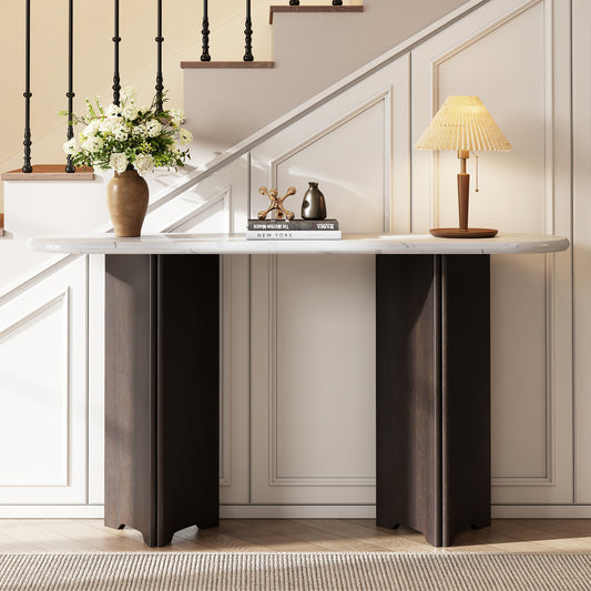 Ovlina Console Table – Faux Marble Top with Curved Legs (Espresso + White)
