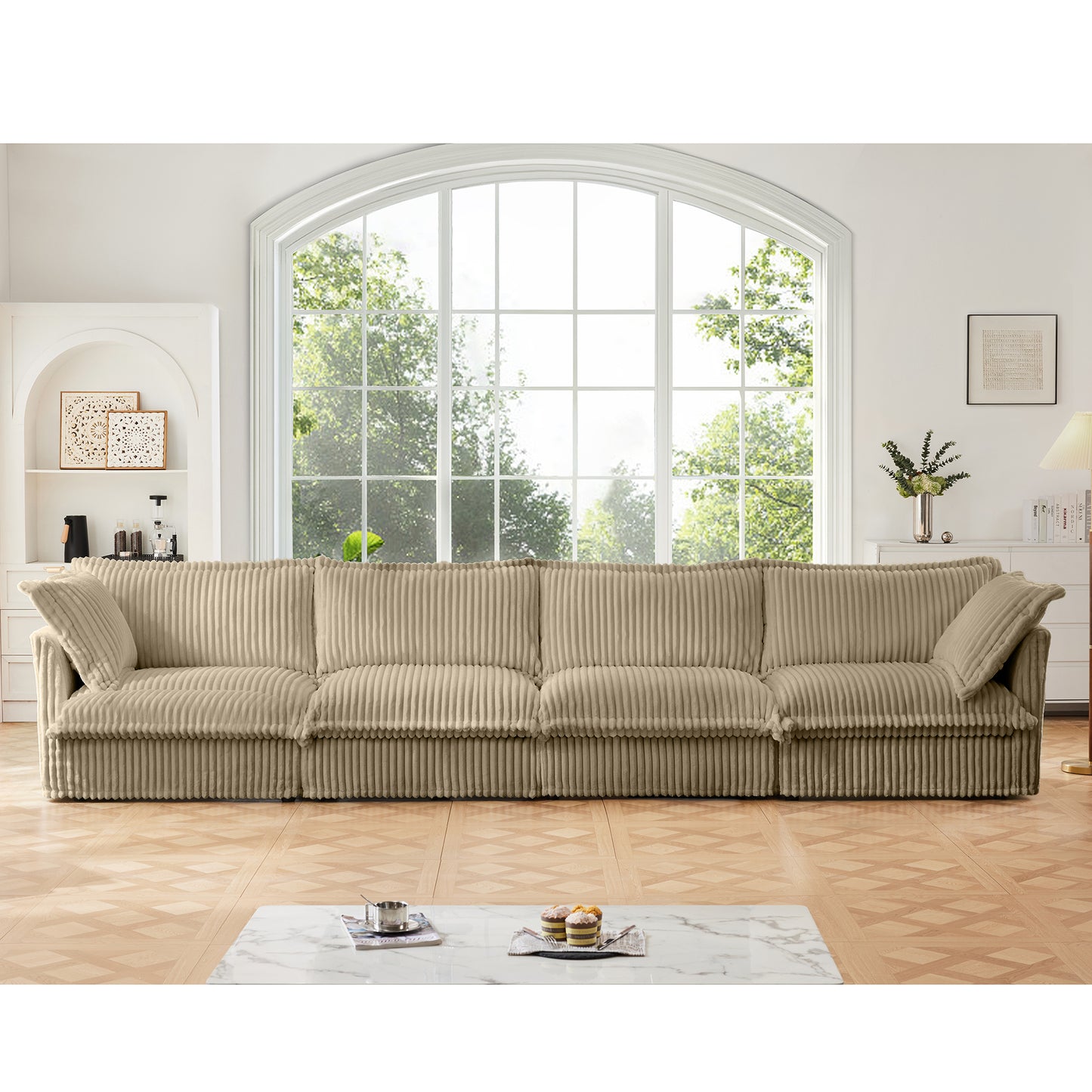 JUSTLIVE ‘Comfina Luxe” Long Sofa – Camel Corduroy | 4-Seater + Extra Deep Seat + Removable Cover + Plush Feel
