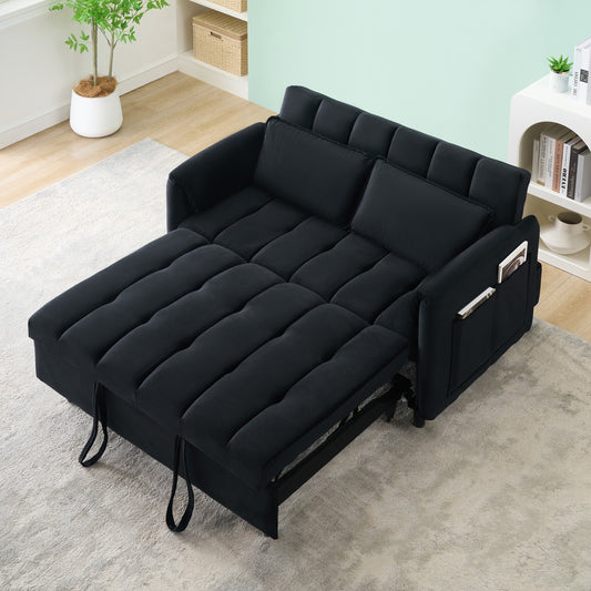 JUSTLIVE ‘Comfina Luxe” Sofa – Black Velvet | 3-in-1 Convertible Loveseat + Pull-Out Bed + Storage Pockets