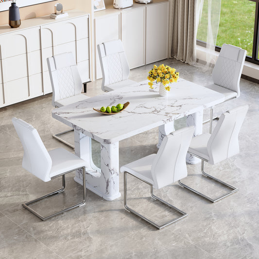 Fayno 7‑Piece Dining Set – Marble Texture Table with 6 White PU Chairs, Arched Silver Legs