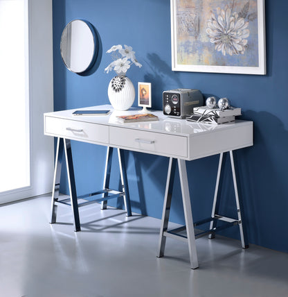 Strava Gloss Desk – White High Gloss Writing Table with USB and Chrome Legs