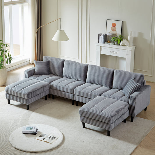 123' Oversized U-Shape Modular Lounge – Grey Corduroy Sofa with 2 Ottomans & Accent Cushions