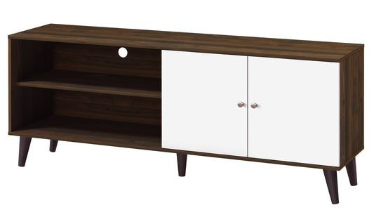 Amivon TV Stand – Walnut + White with Cabinet & Shelves (Up to 63")