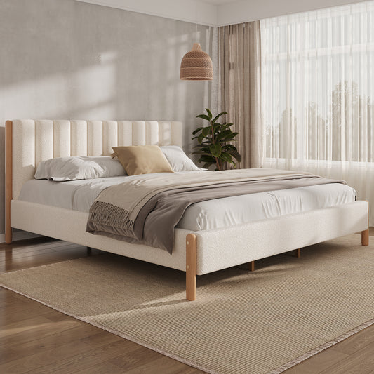 Bouclora King Bed – White Boucle Upholstered Frame with Thick Headboard & Solid Legs