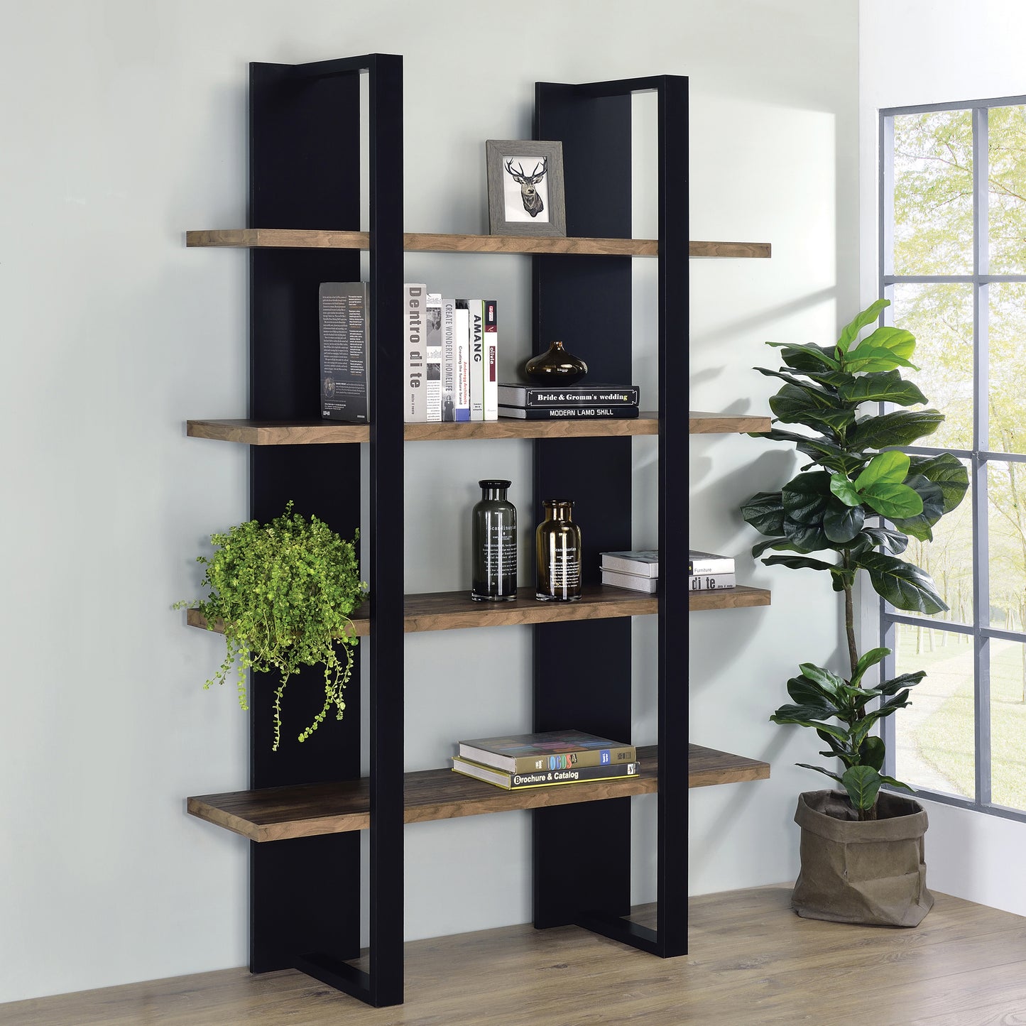 Mystrene Duo Bookcase – 4-Shelf Black & Walnut Accent Bookshelf