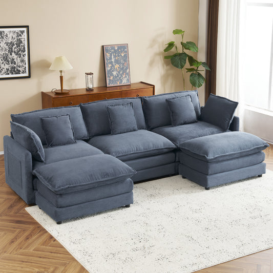 113' Grand Modular Lounge – Plush Corduroy L-Shape Sofa with Hidden Side Storage (Blue)