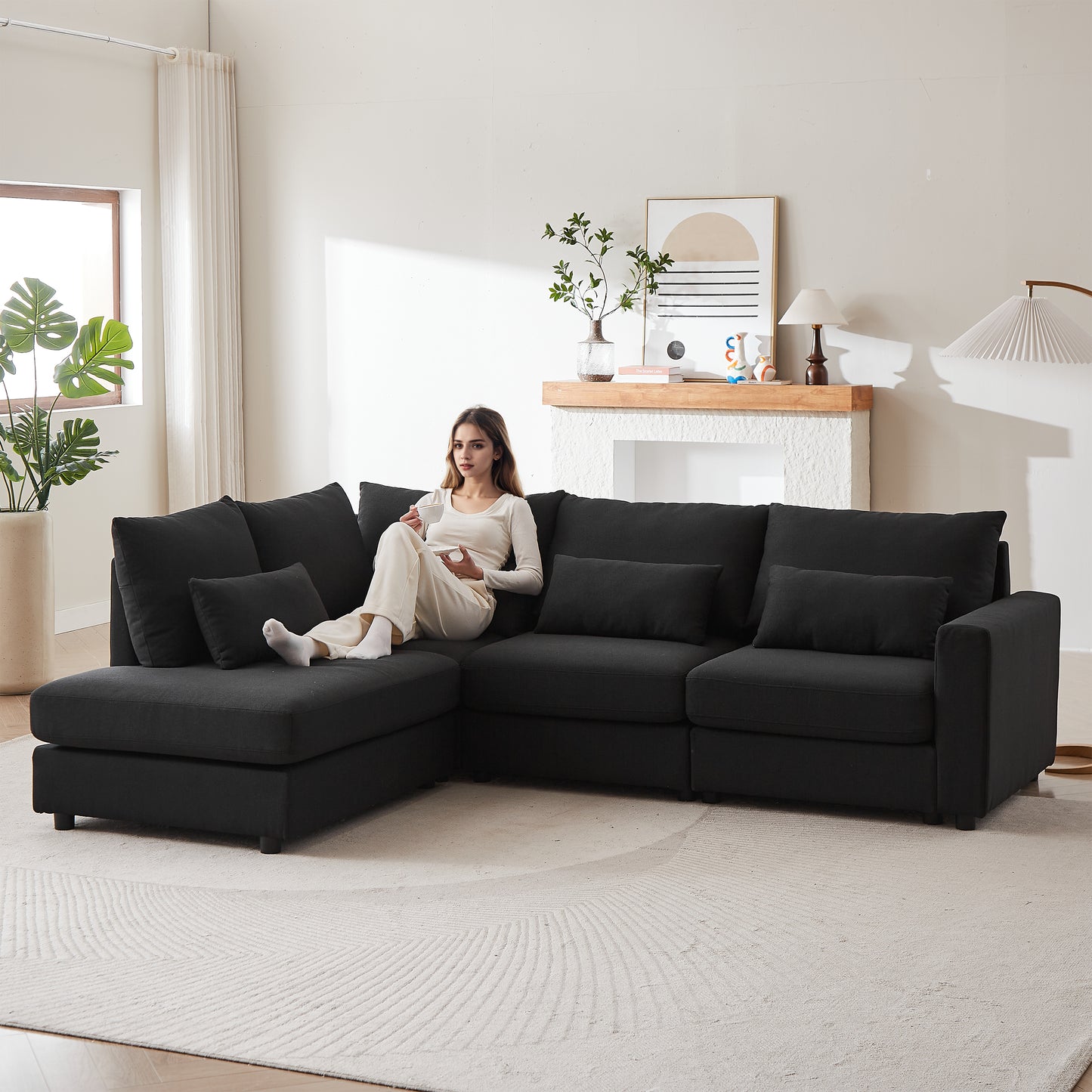 100' Modular Lounge – Convertible Comfort Sofa with Ottoman & Accent Pillows (Black)