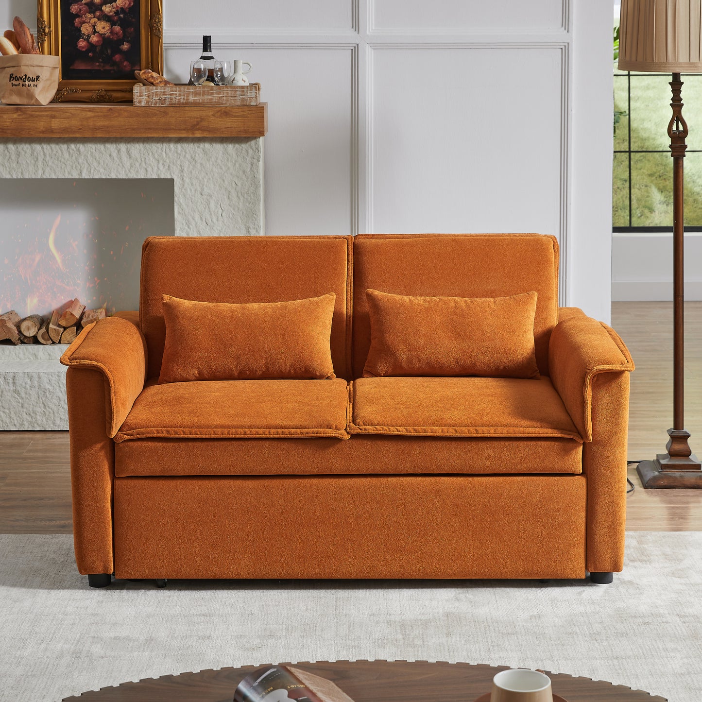 JUSTLIVE ‘Comfina Luxe” Sleeper Sofa – Fabric | Modern Loveseat + Pull-Out Bed + Lumbar Pillows + Recline
