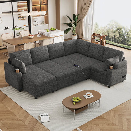 110' Expandable Comfort Lounge – Smart Seating with Hidden Storage & Built-In Features (Beige / Grey)