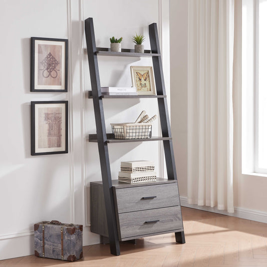 Ladrix Ladder Shelf – 2-Drawer Grey & Black Bookcase with Metal Bar Handles