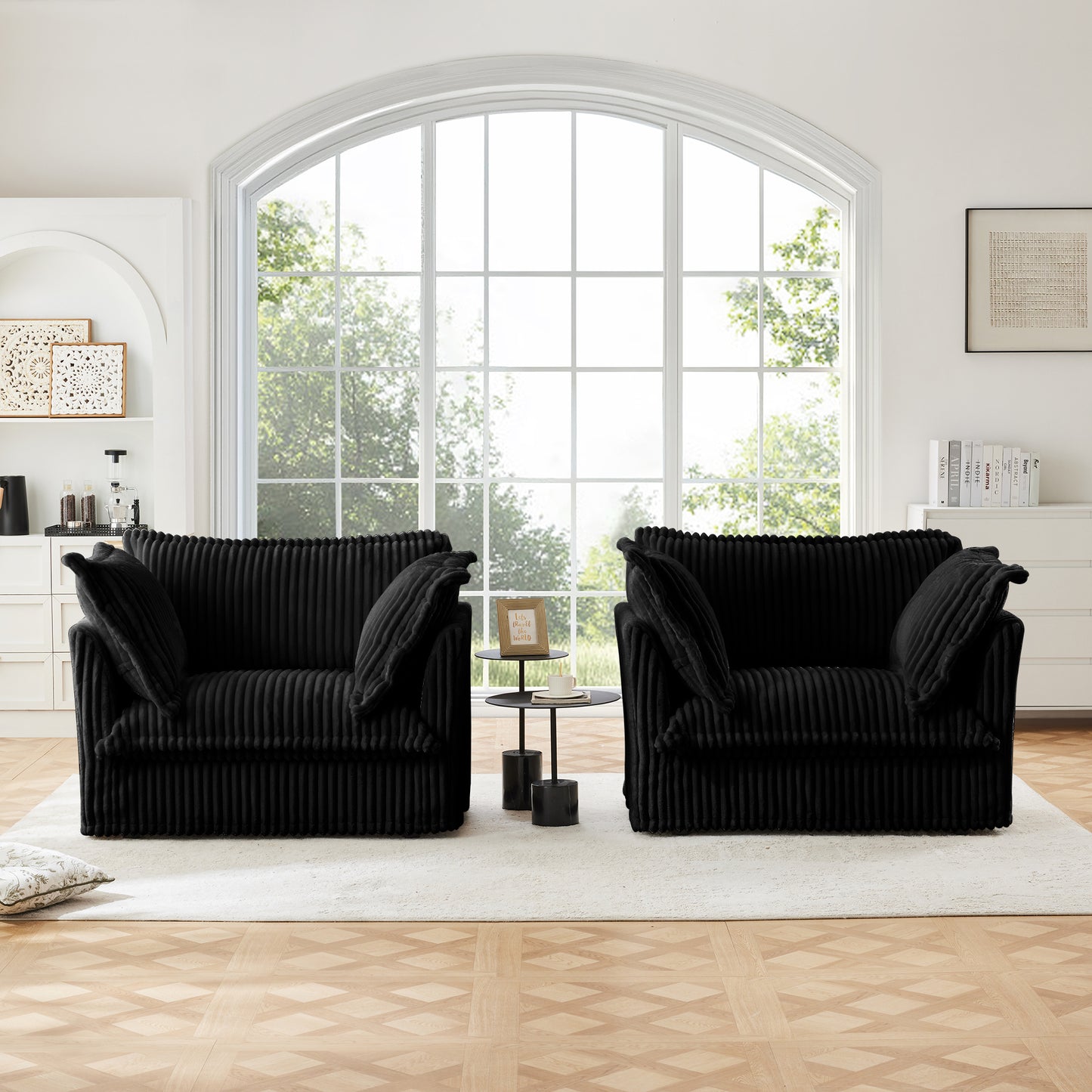 JUSTLIVE ‘Comfina Luxe” Chair Set – Black Corduroy | Slipcovered Deep Seat Armchairs + Oversized Pillows (2PC)