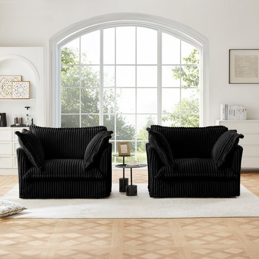 JUSTLIVE ‘Comfina Luxe” Chair Set – Black Corduroy | Slipcovered Deep Seat Armchairs + Oversized Pillows (2PC)