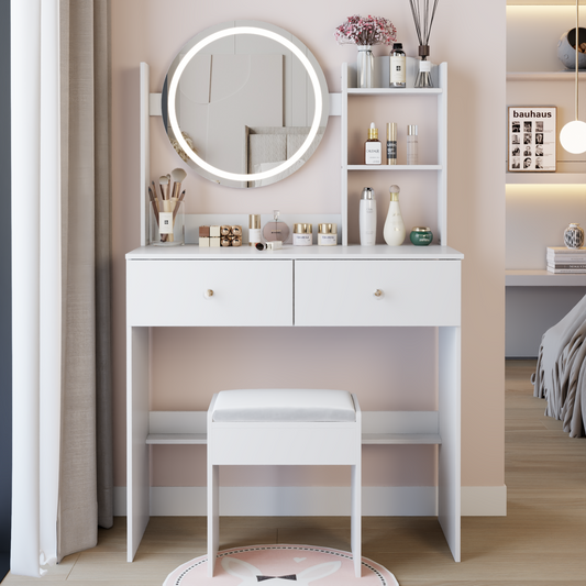 Vionix Curve Mini – 17" Round LED Mirror Vanity with Touch Controls, Multi-Tier Storage & Stool