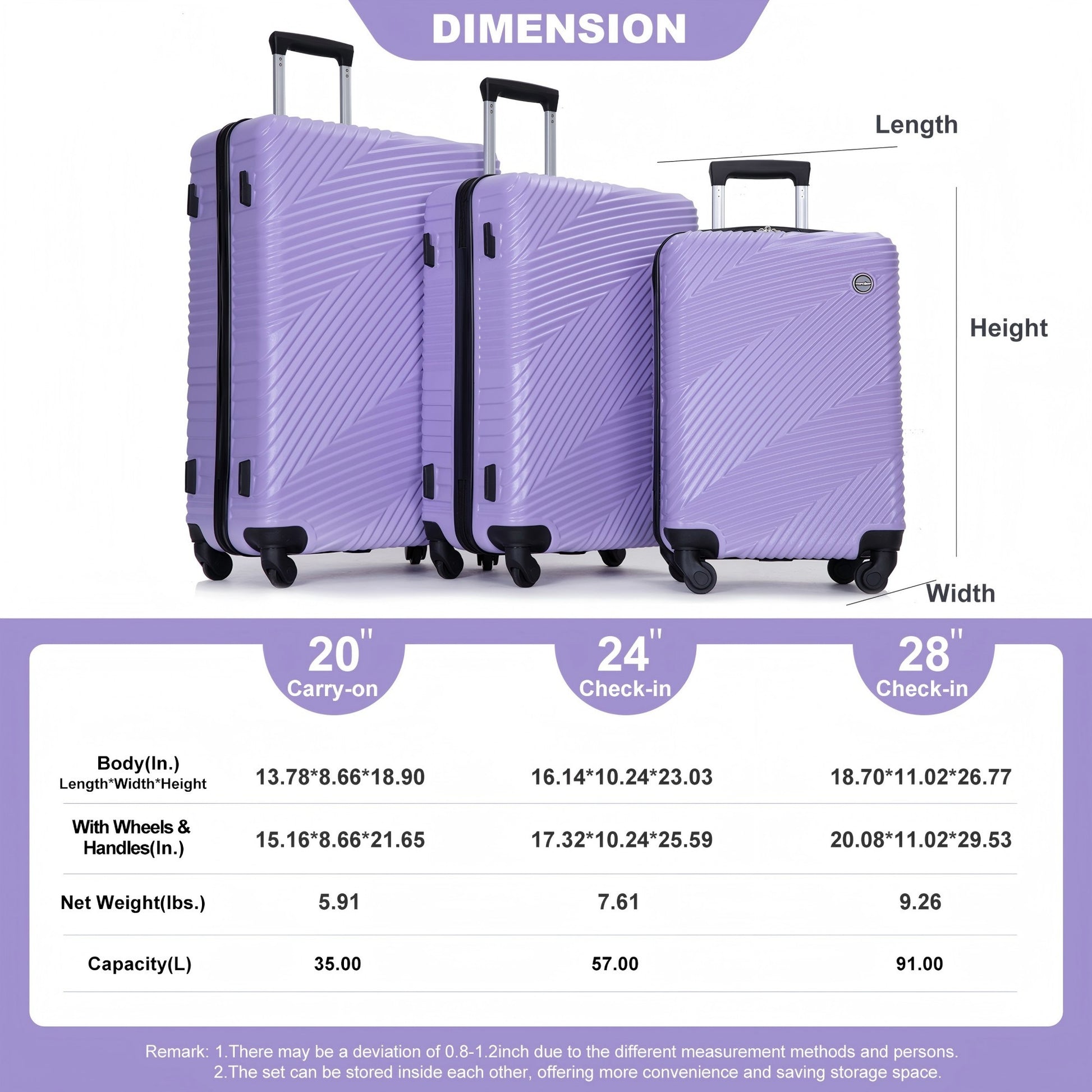 Jetera 3 - Piece Luggage Set – Light Purple PC+ABS Suitcases with Spinner Wheels & Travel Hooks (20/24/28") - JUSTLIVE NESTJUSTLIVE NEST