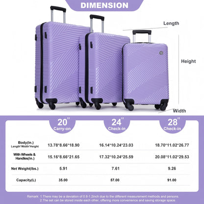 Jetera 3 - Piece Luggage Set – Light Purple PC+ABS Suitcases with Spinner Wheels & Travel Hooks (20/24/28") - JUSTLIVE NESTJUSTLIVE NEST