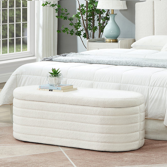 Klovi Oval Storage Bench – White Bouclé End-of-Bed Ottoman with Safety Hinge