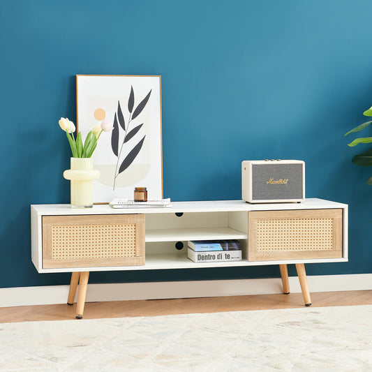 Ravica TV Cabinet – White Rattan Front with Dual Sliding Doors (55")