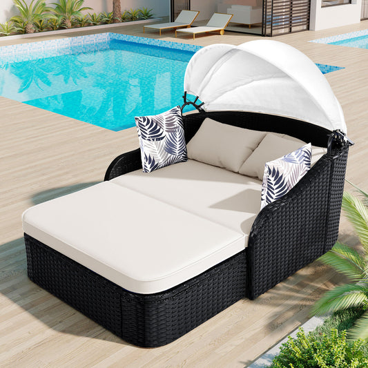 Avero Duo Sunbed – Double Wicker Lounge with Beige Cushions & Adjustable Canopy (79.9")