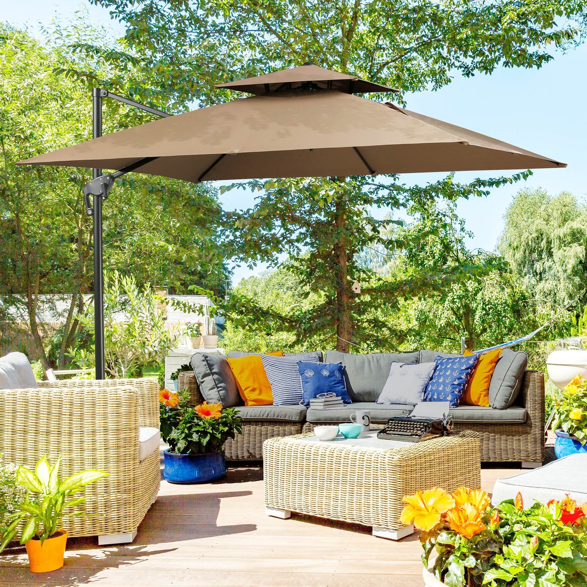 Solair 10' Double - Top Offset Umbrella – Hanging Cantilever with Crank, Base & 360° Rotation (Coffee) - JUSTLIVE NESTJUSTLIVE NEST