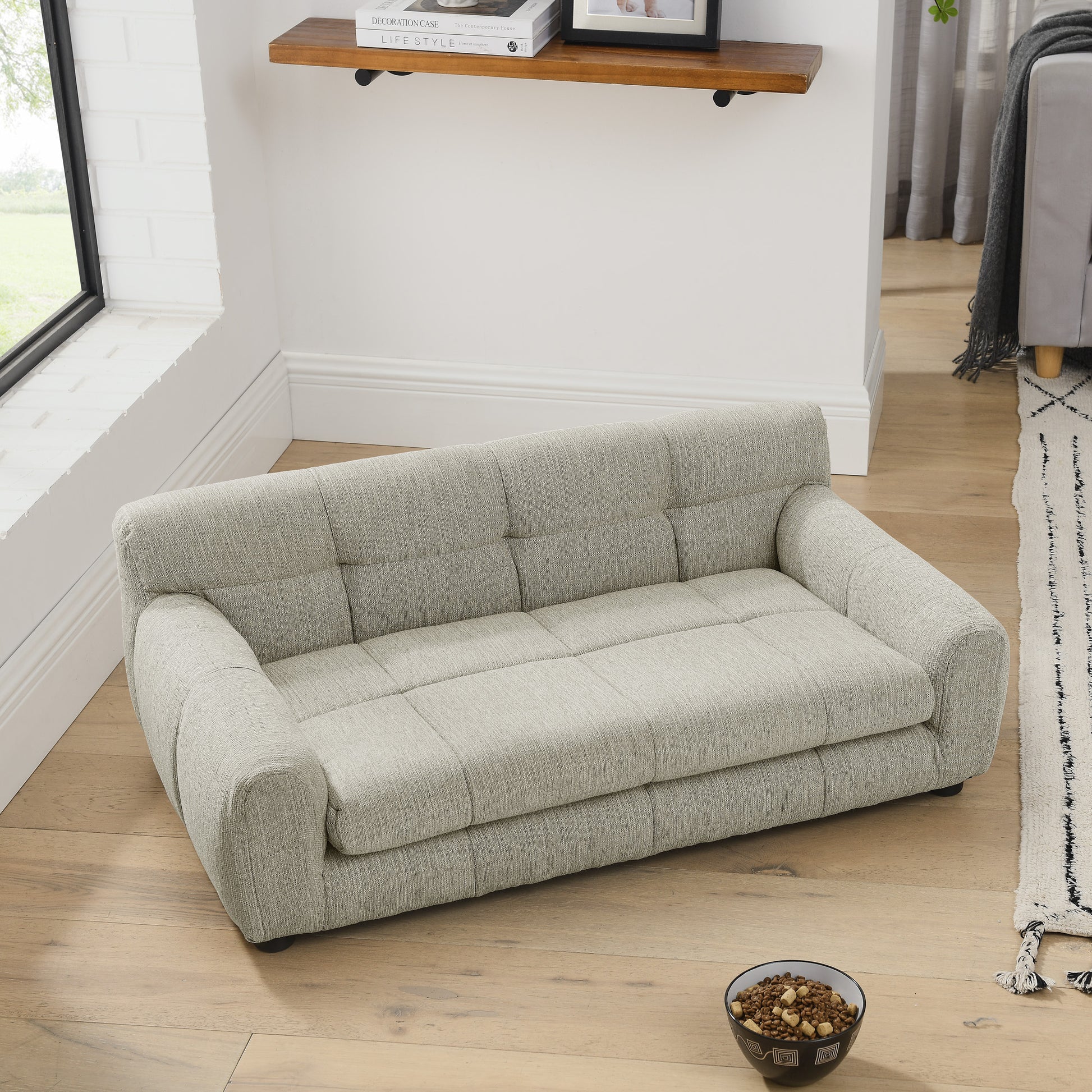 Kova Plush Pet Sofa – Beige Rectangular Dog Couch with Backrest & Side Arms for Small/Medium Breeds - JUSTLIVE NESTJUSTLIVE NEST