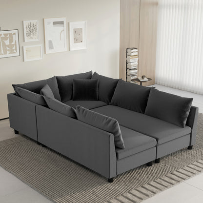 86' Convertible Modular Lounge – Oversized 6-Seat Chenille Sofa Bed with Accent Pillows