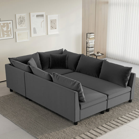 86' Convertible Modular Lounge – Oversized 6-Seat Chenille Sofa Bed with Accent Pillows