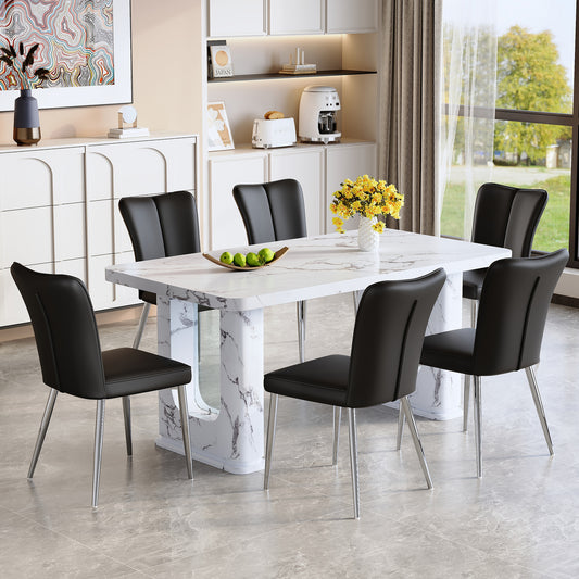 Fayno 7‑Piece Dining Set – Marble Finish Table with 6 Black Stripe-Back PU Chairs