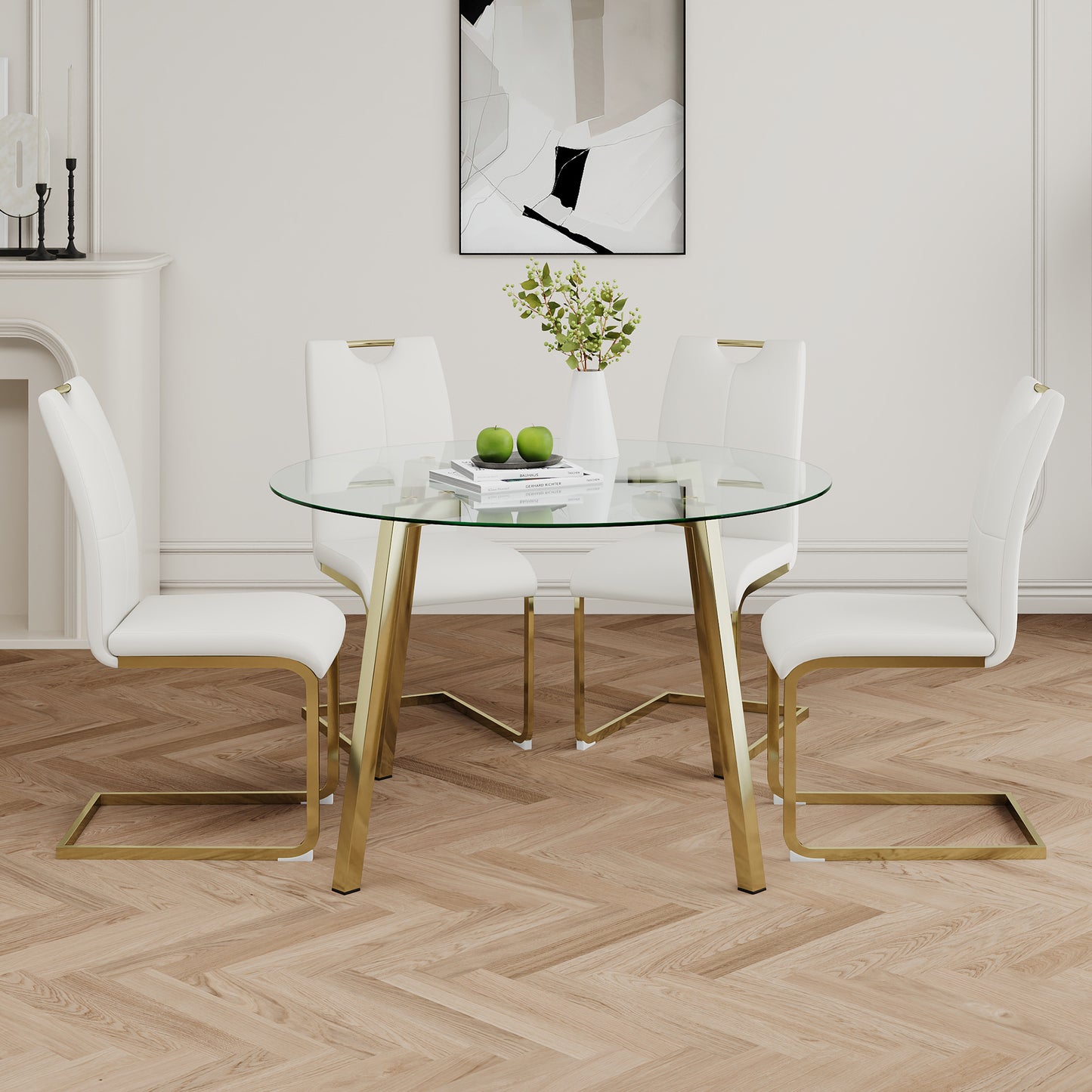 Avera 5-Piece Glass Round Dining Set – White PU Chairs with Gold Legs, Elegant Modern Design
